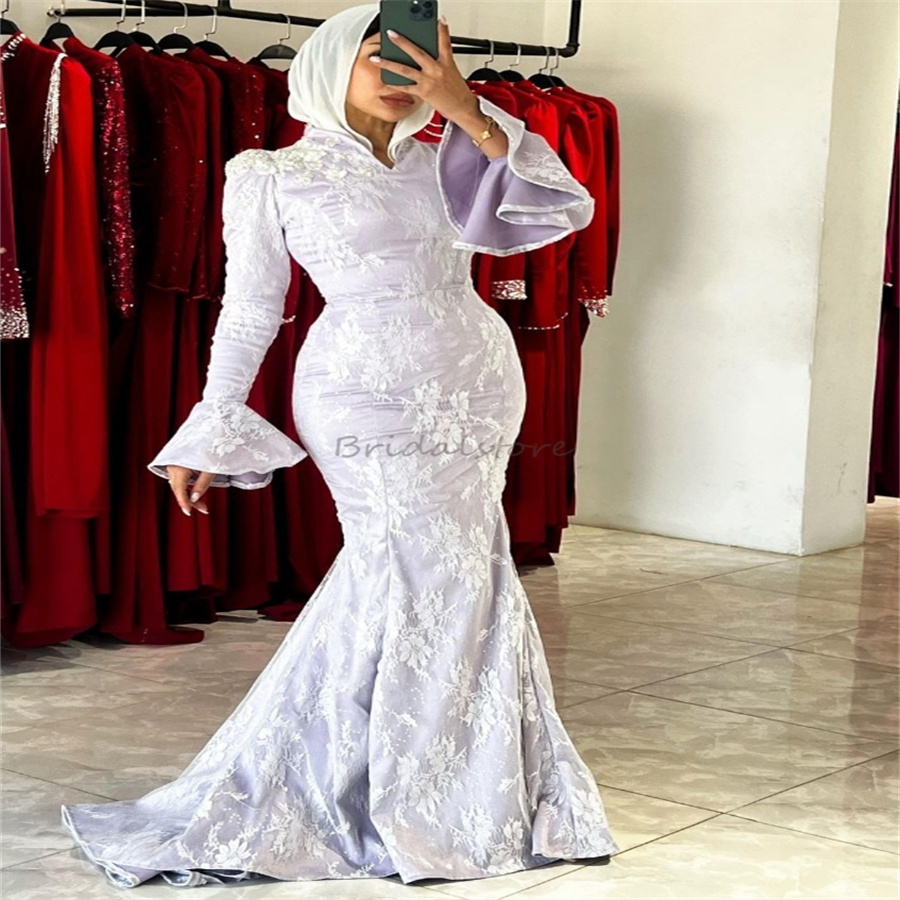 Gorgeous Lilac Muslim Evening Dress Dubai Arabic Mermaid Lace Prom Dresses Long Sleeve Abaya Formal Party Dress Special Occasion Gowns Vestio Fiesta A