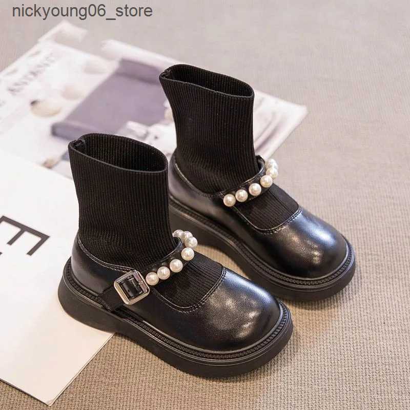 Boots Kids Patent Leather Boots Pearl Knitted Girls Shoes Fashion Soft Sole Princess Boots Black Breathable Children Socks Boots L240910