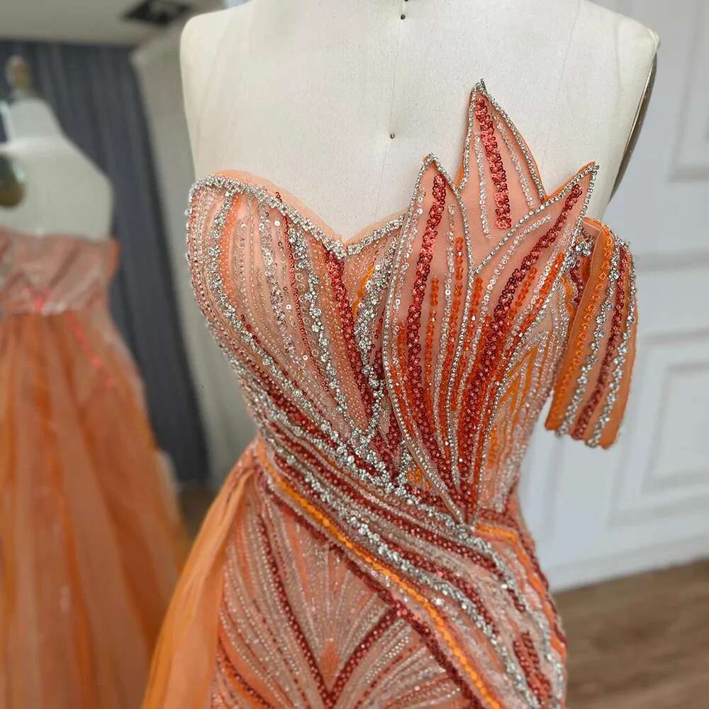 Serene Hill 2024 Orange Strapless Beaded Evening Gown with Side Skirt Elegant Party Dresses for Women DLA72662