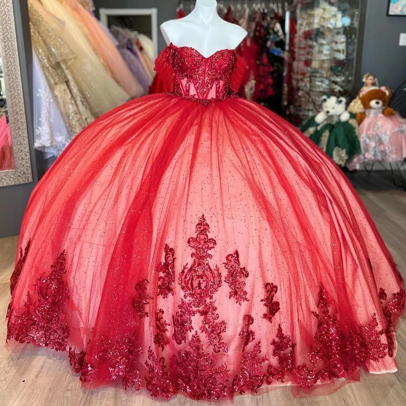 Red Shiny Quinceanera Dresses Off the Shoulder Lace Applique Beads Tulle Ball Gown Birthday Party Sweet 16 Dress Vestidos De 15 Anos