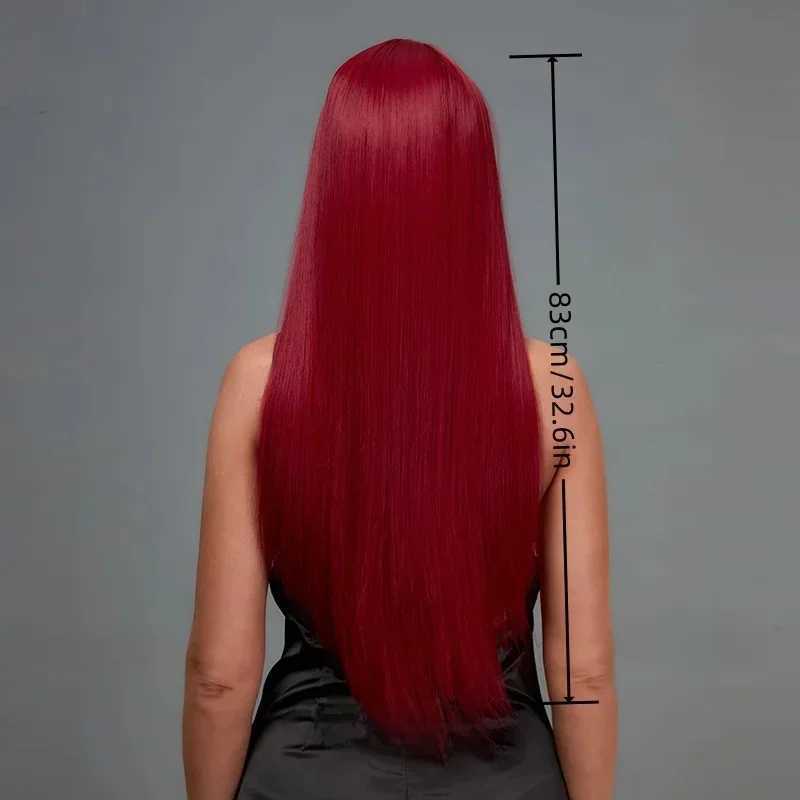 SNQP Long Straight Synthetic Wig for Women 32inch Wine Red Wig with Bangs for Daily Cosplay Party Heat Resistant FiberXJ241008