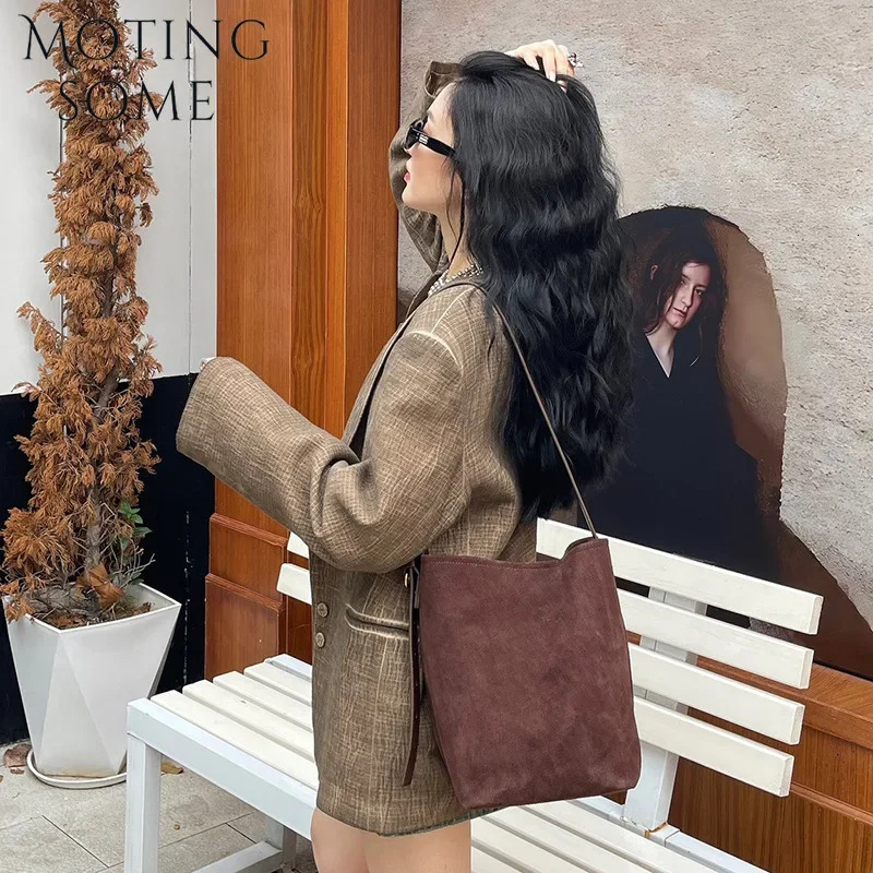 Motingsome Frosted Cowhide Bucket Women Suede Leather Purses Lazy Style Crossbody Shoulder Winter Large Bag 2024 New