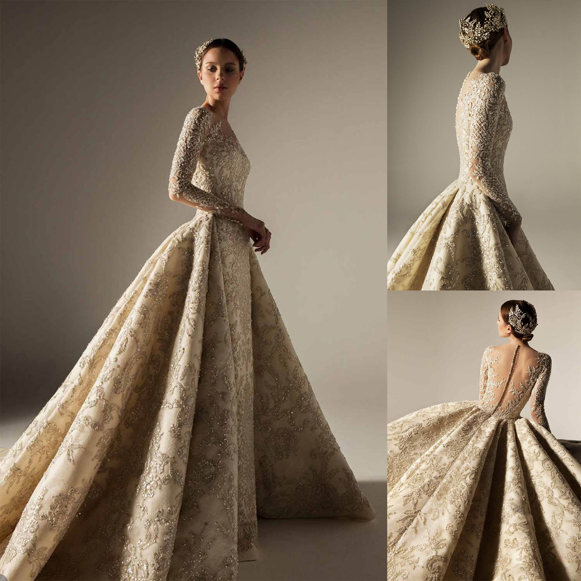 Exquisite A Line Wedding Dress Appliques Sequins Pearls Beading O Neck Long Sleeve Bride Gowns Pleat Sweep Train Bridal Dresses Custom Made