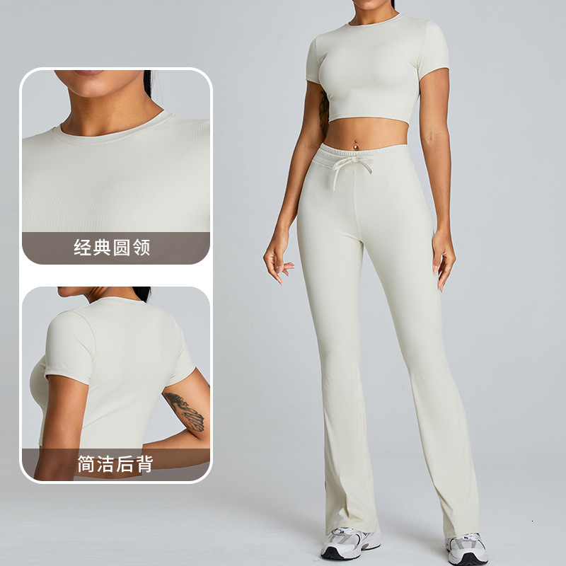 Threaded micro yoga set for women, slim fit and slimming fitness top, split flared pants, skipping exercise suit