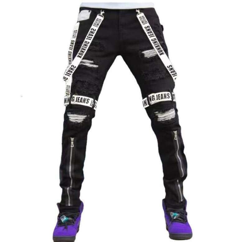 2024 Cross Border Europe And America New Men's Trend New Woven Denim Jeans With Holes, Small Foot Zippers, Slim Fit Men's Fashion Trend Men&