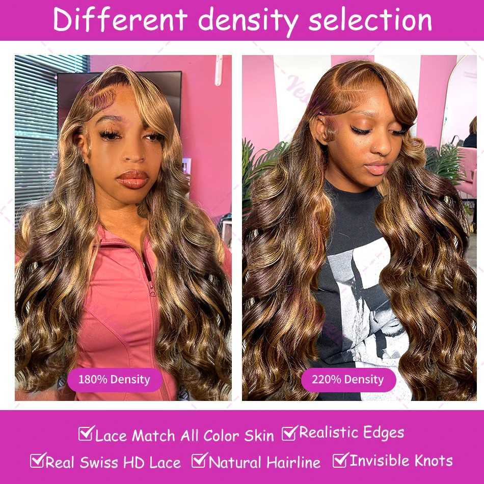 30 32 Inch 4/27 Ombre Body Wave Lace Front Wigs 220% 13x4 13x6 Highlight Borwn Lace Frontal Human Hair Wigs For Women PrepluckedXJ241008