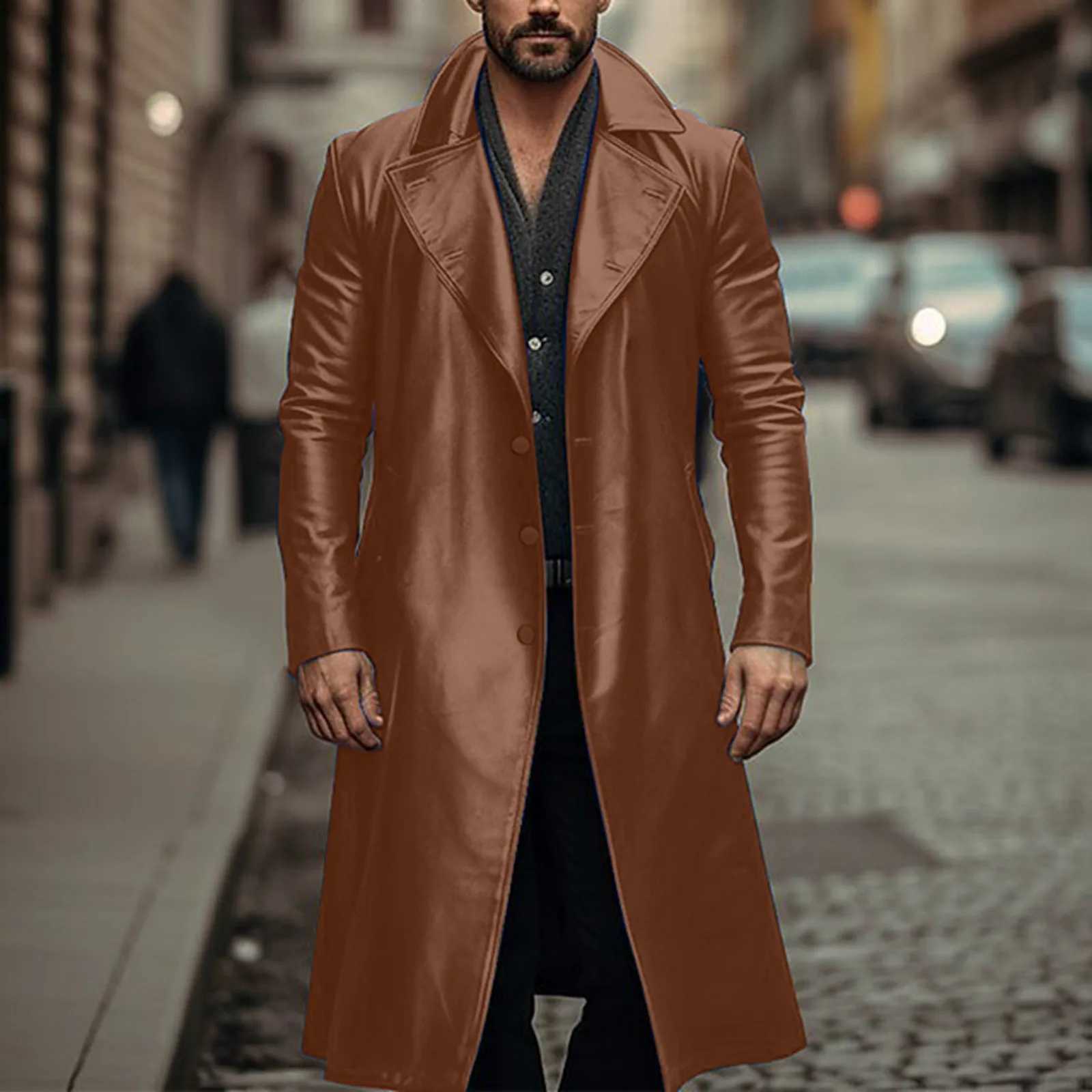 2024 mens artificial leather trench fashion long sleeved autumn windproof jacket ultra-thin leather long sleeved jacket mens jacket W241007