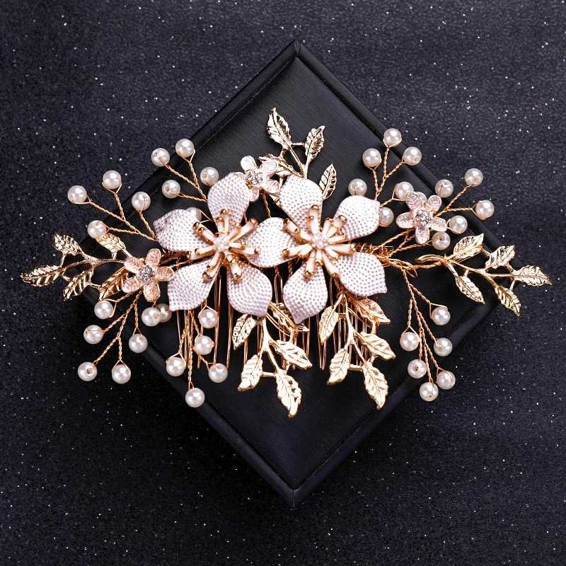 Golden crystal pearl hair comb headband for women bridal party bridal wedding hair accessories jewelry comb headband W241007