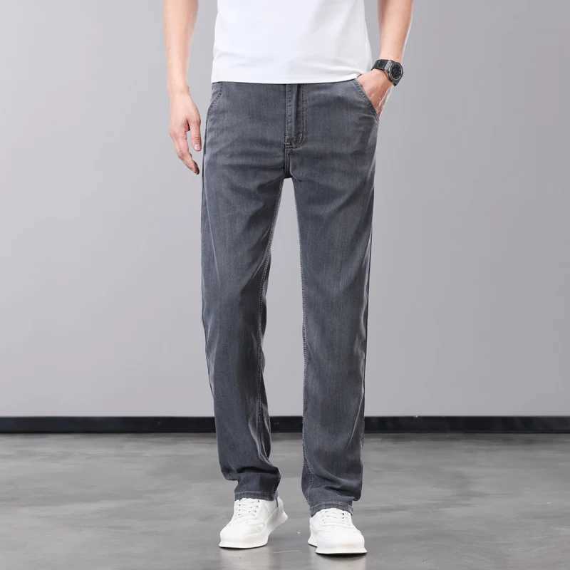 Summer thin mens jeans Lyocell fabric soft and breathable straight denim pants brand mens elastic ice silk casual Trouser gray blueW240715