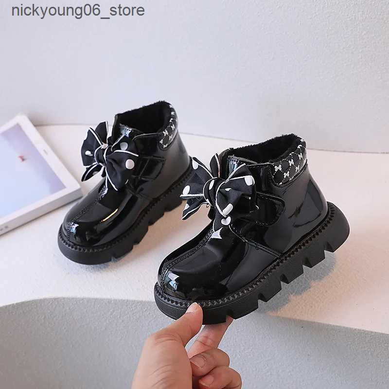 Boots Bow Design Girl Leather Boots for Kids Autumn Winter Plus Cotton Warm Snow Boots Waterproof Non-slip Princess Short Ankle Boots L240910