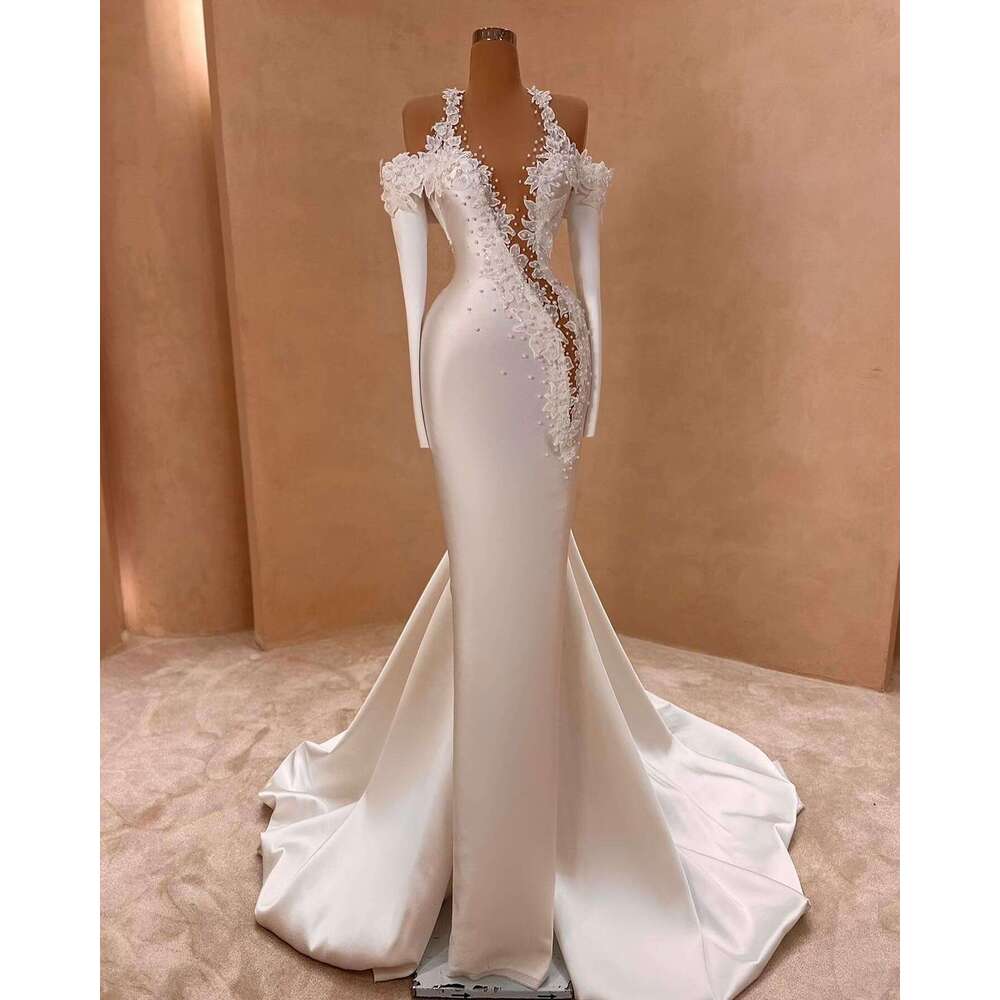 Mermaid Satin for Bride 2025 Lace Appliques wers Pearls Bridal Dresses Long Sleeve Wedding Gowns