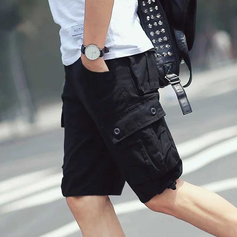 Bermuda mens shorts solid mens cargo shorts button khaki vintage cotton Harajuku loose pockets jogging free deliveryW240713