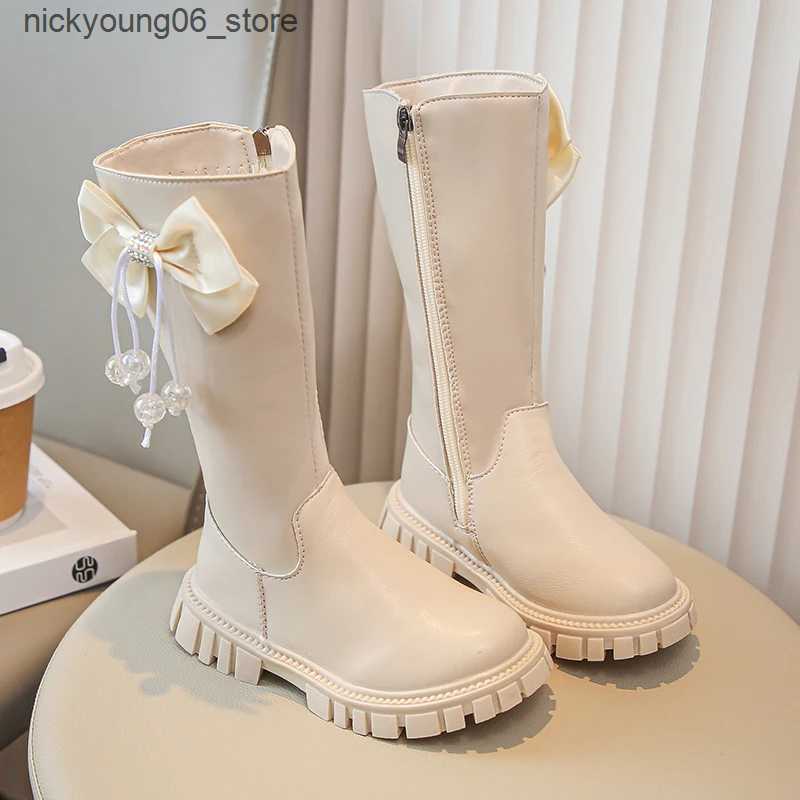 Boots Childrens Autumn Boots Solid Color Girls High Boots School Black Beige Versatile Kids Tassels Long Boots Matte Leather Zipper L240910