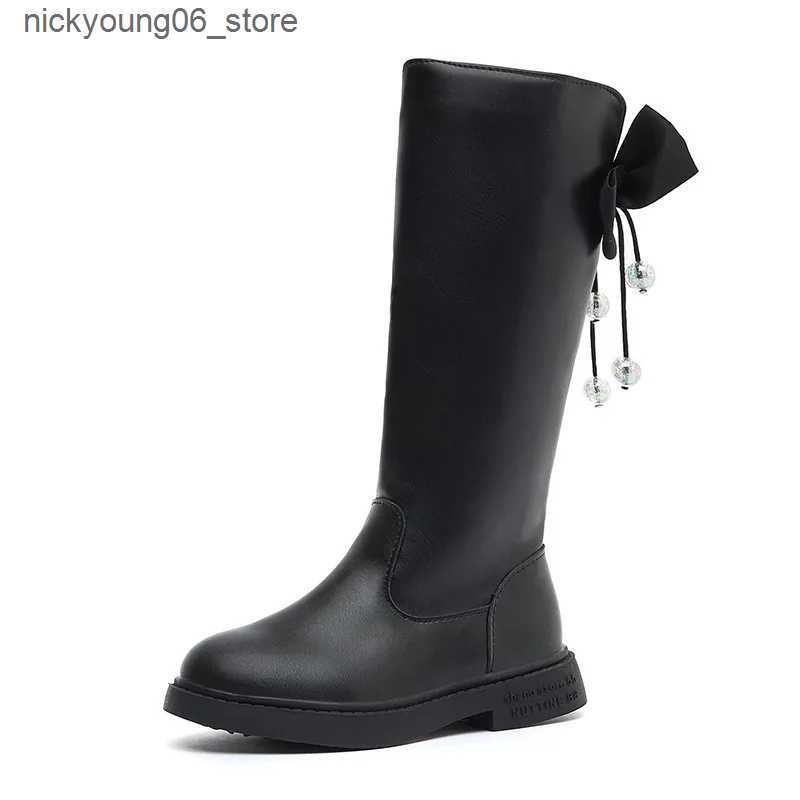 Boots Girls Shoes Ankle Boots Winter Childrens Shoe for Girl Plush Long Boots Show Bowtie Shoes Beaded Soft Soles Non Slip Kid Shoes L240910