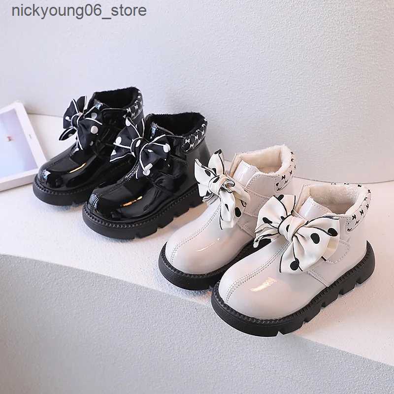 Boots Bow Design Girl Leather Boots for Kids Autumn Winter Plus Cotton Warm Snow Boots Waterproof Non-slip Princess Short Ankle Boots L240910