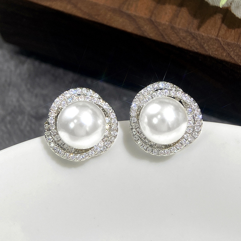 S925 Silver needle Shiny Crystal Stud earrings Spiral pearl Stud Micro-paved Zirconia Flower Diamond Earrings Wedding Jewelry