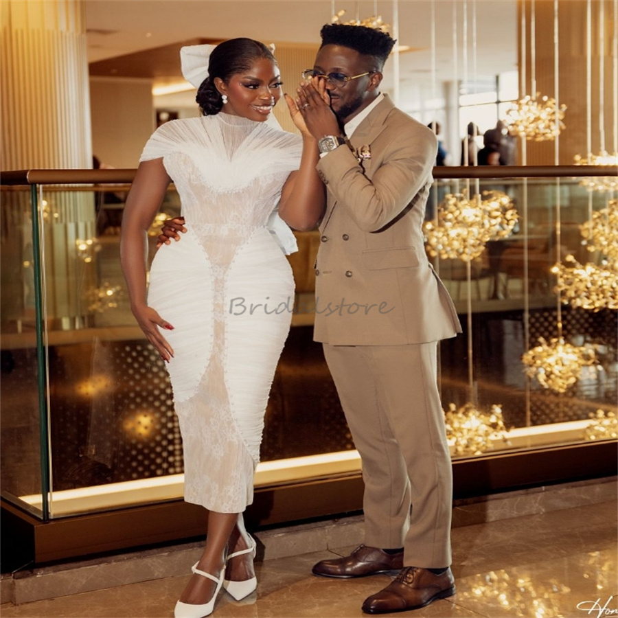 Uniques Nigeria African Wedding Dresses 2025 Cap Sleeve High Neck Tea Length Short Bridal Dress Beaded Lace Civil Bohemian Country Bride Dress vestido