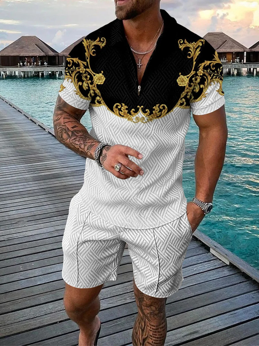 Summer Mens Short Sleeve Zipper Polo Shirt Street T-shirt Two Casual Sports Shirts 240930CJ