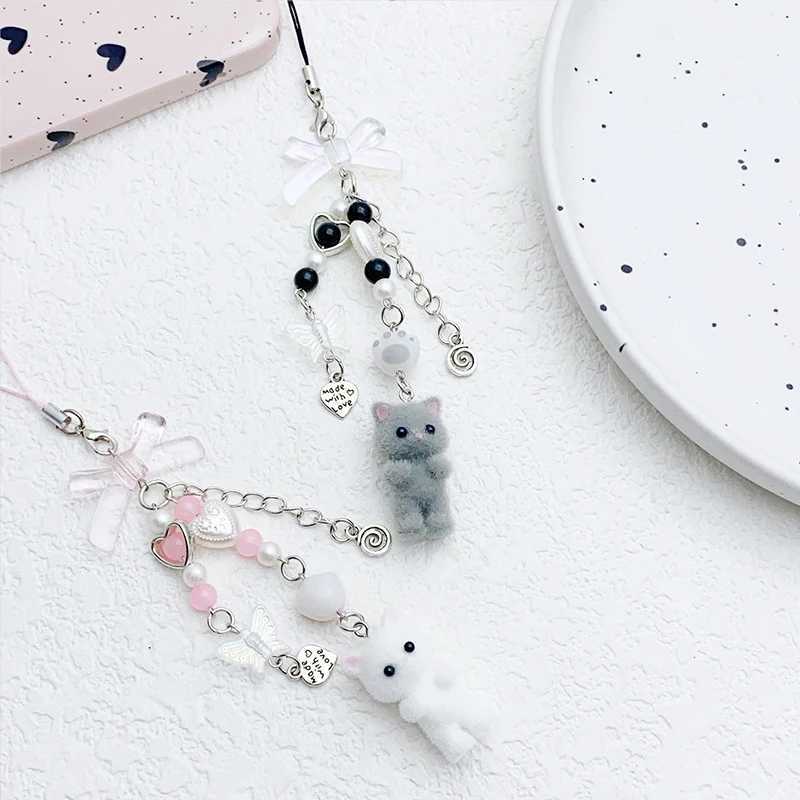 Cute Creative Keychain Pendant Fashion Minimalist Bowknot Flocking Cat Phone Strap Sweet Phone Lanyard Bag Decoration GiftsX241008