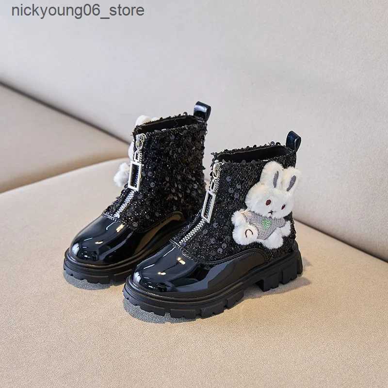 Boots 2024 Children Leather Shoes for Girls Autumn New Fashion Cute Rabbit Soft Anti-slippery Glitter Versatile Front Zip Short Boots L240910