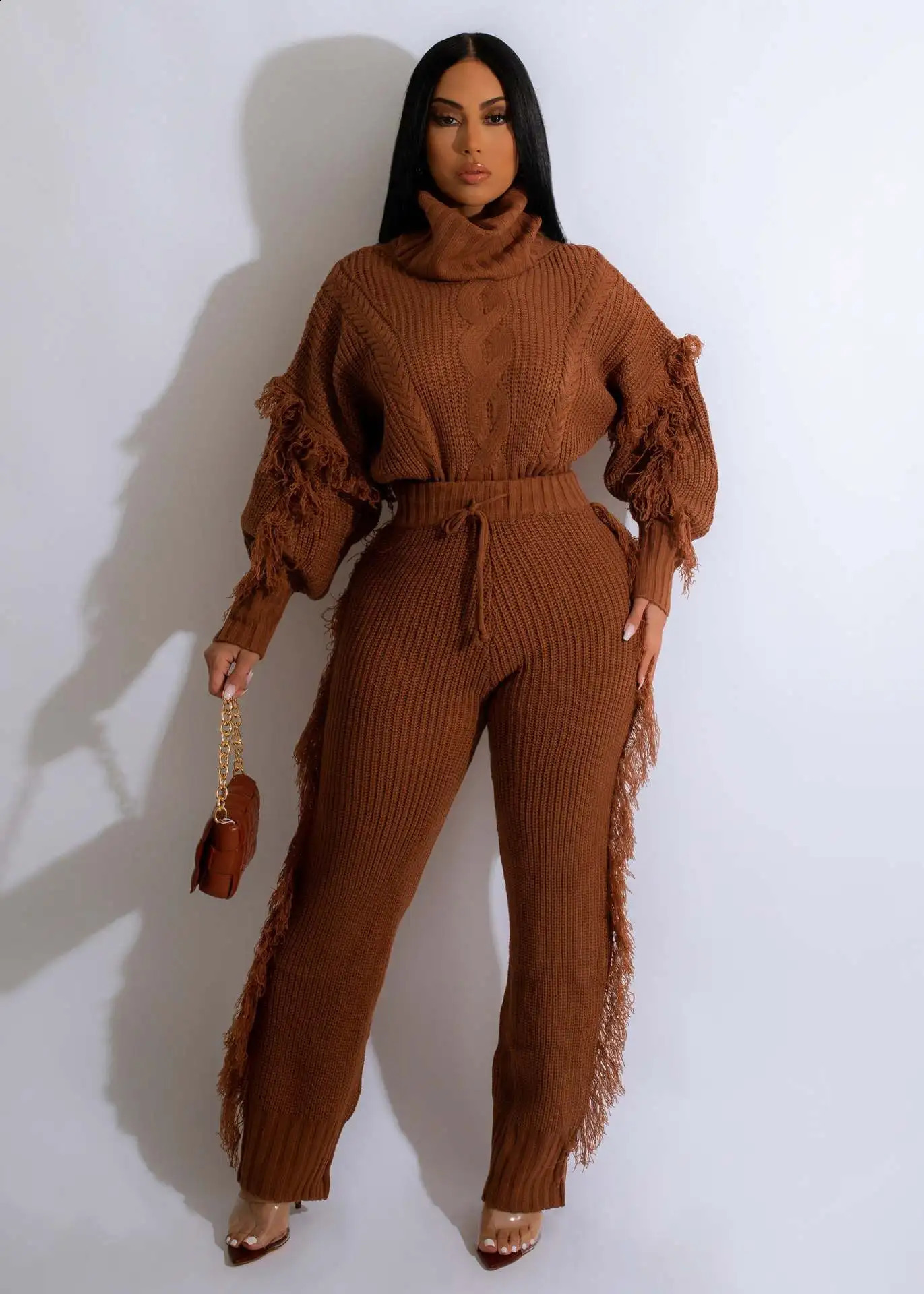 Knitted sweater set womens track suit autumn tassel sleeves navy blue collar mouth floral side pants casual and warm twopiece 241007