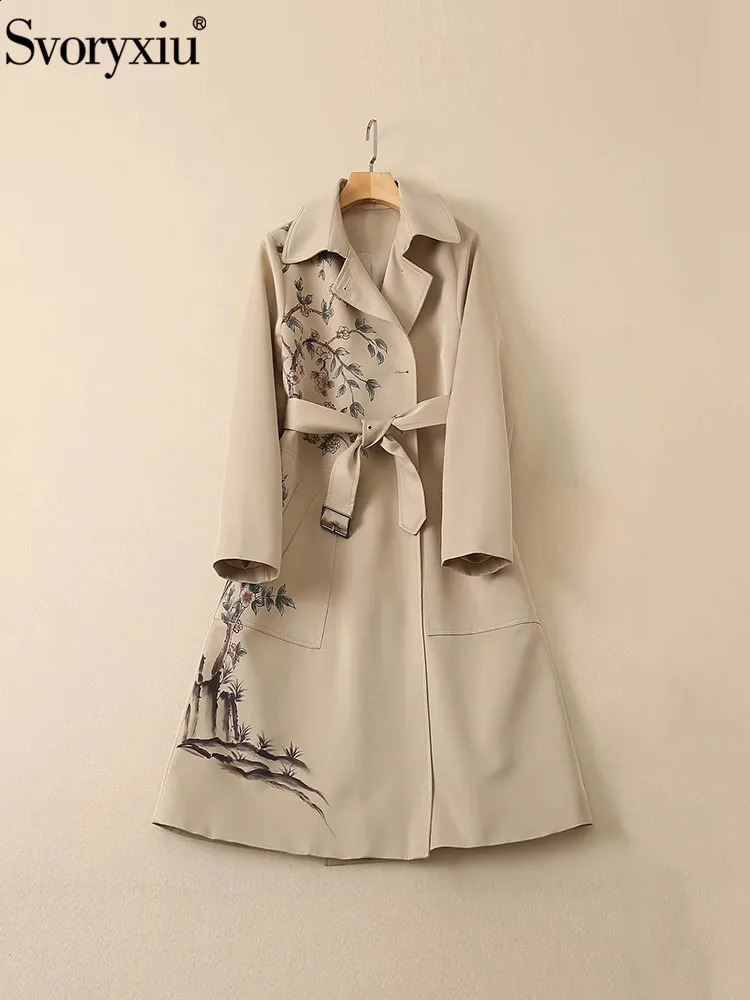Svoryxiu Fashion runway autumn floral print trench coat womens lapel long sleeved belt ultra-thin A-Line coat 240927