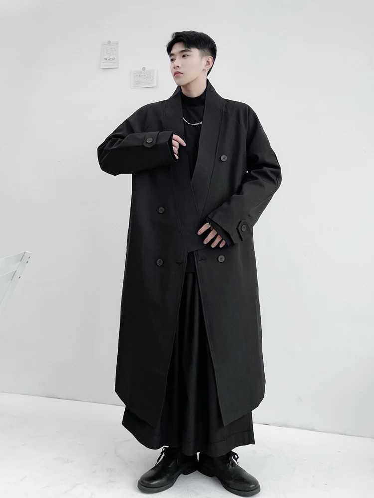 Mens fashionable loose knee coat autumn personalized large collar mid length double chest lace windproof machine W241007