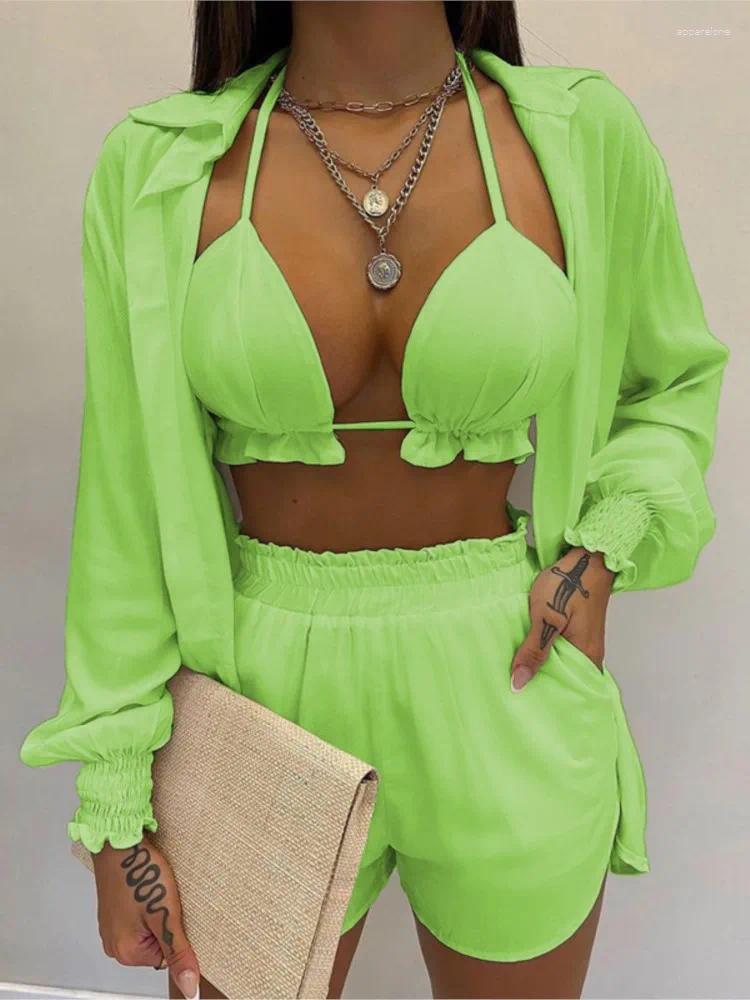 Women's Tracksuits Bathing Suit Shorts Cover Up Summer Three Pieces Swimwear Women Sexy Beachwear High Waist Bikini Set Print Swimsuit