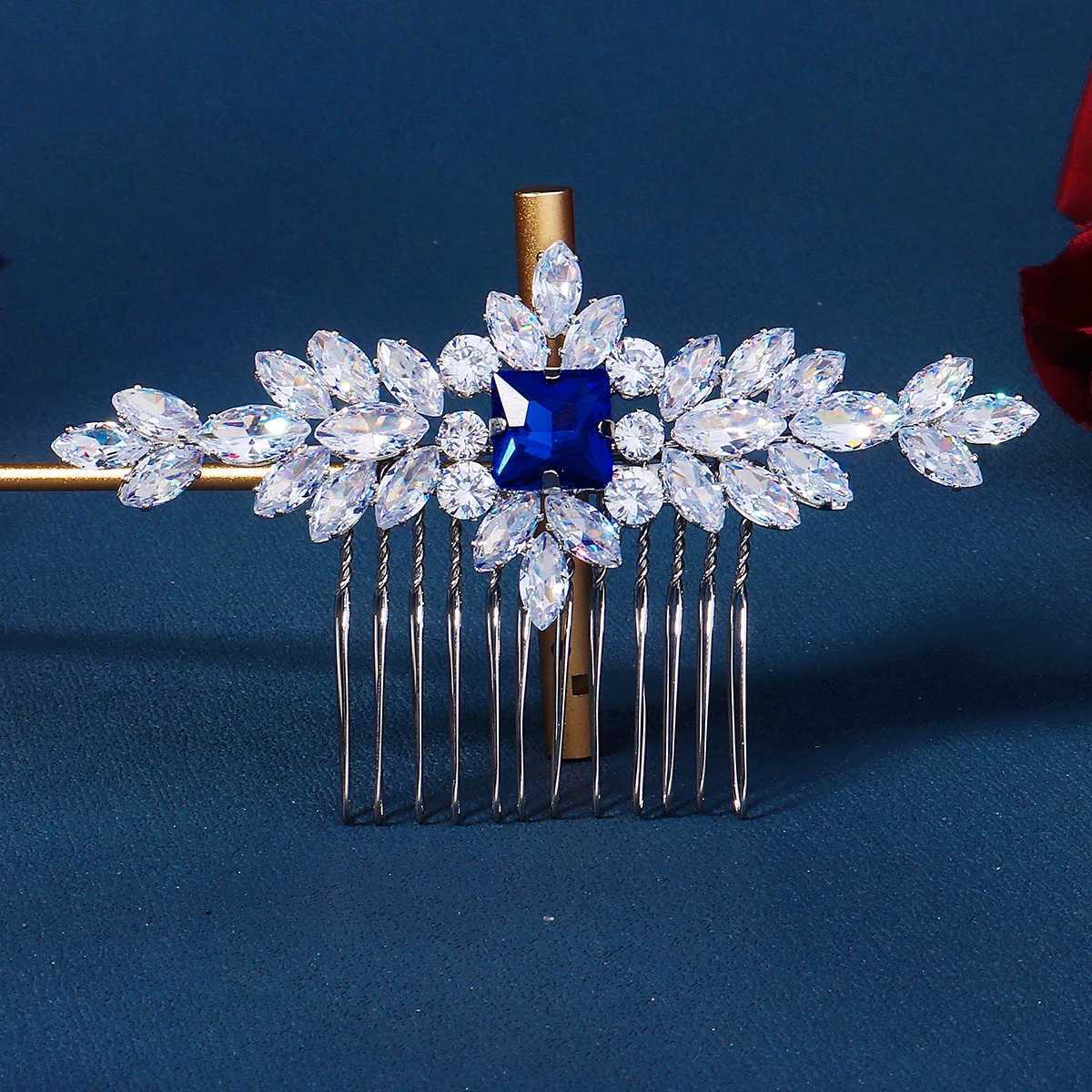 Luxury Silver Handmade Bridal Comb Blue Gemstone Crystal Set Bridal Wedding Plugin Comb Jewelry W241007