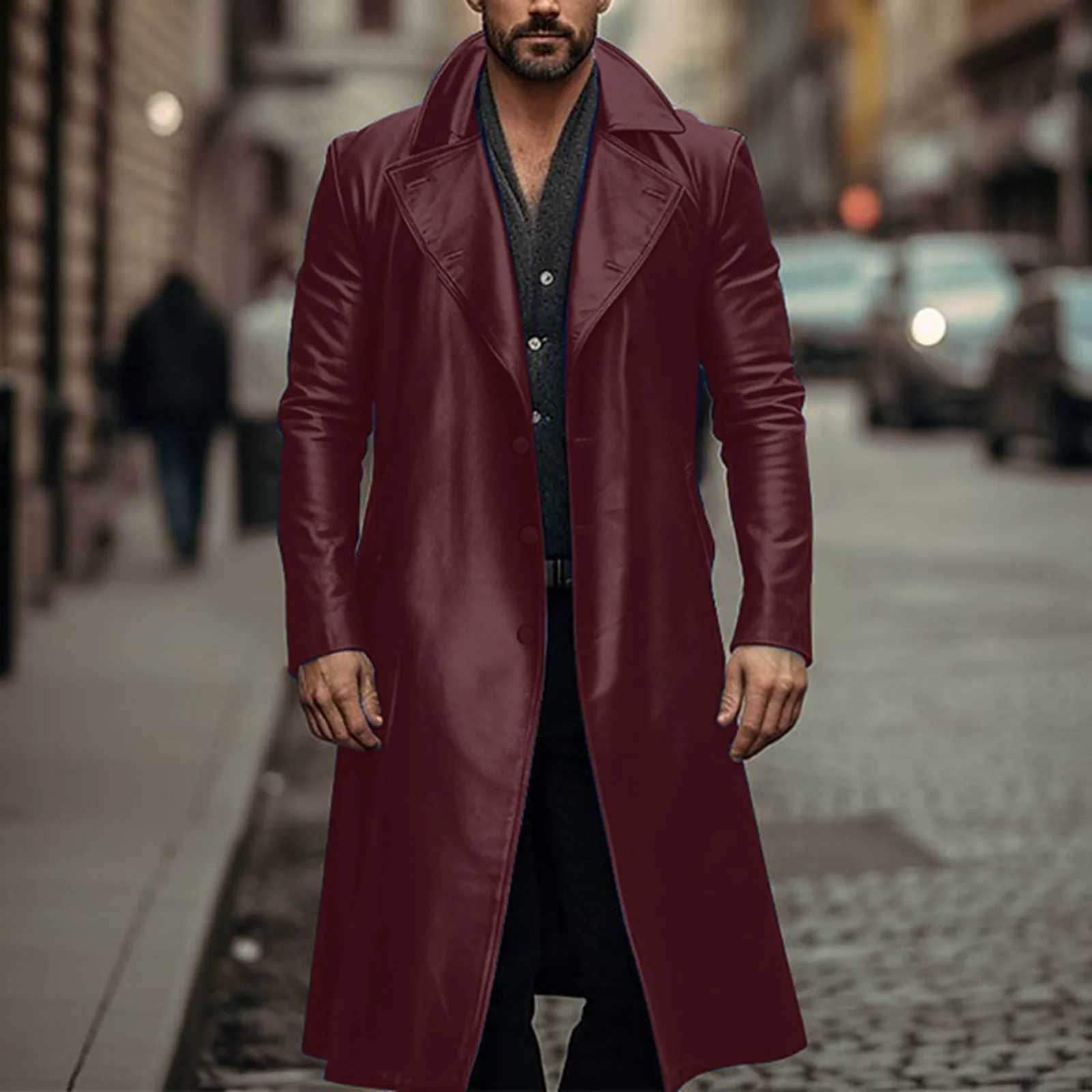 2024 mens artificial leather trench fashion long sleeved autumn windproof jacket ultra-thin leather long sleeved jacket mens jacket W241007
