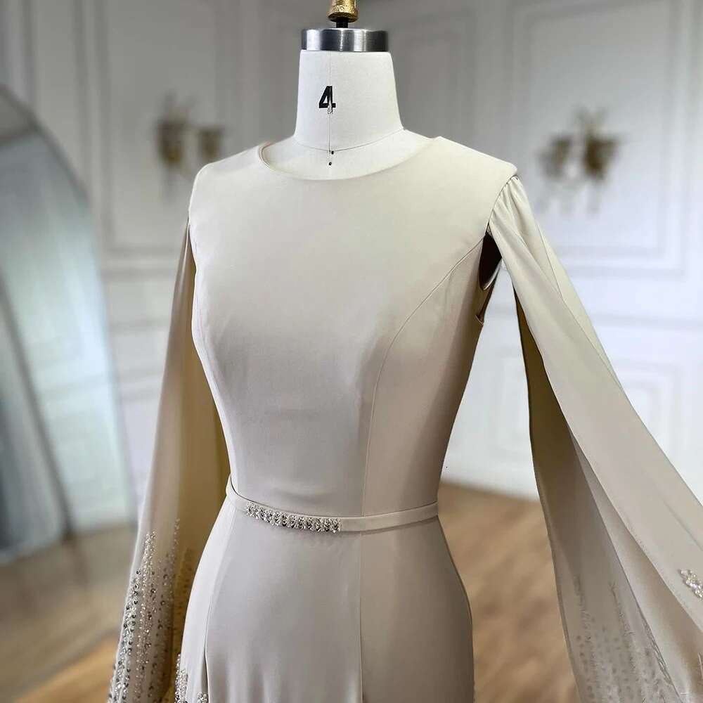 Arabic Caramel Mermaid Elegant Cape Sleeves Beaded Satin Evening Dresses Gowns For Women Party 2024