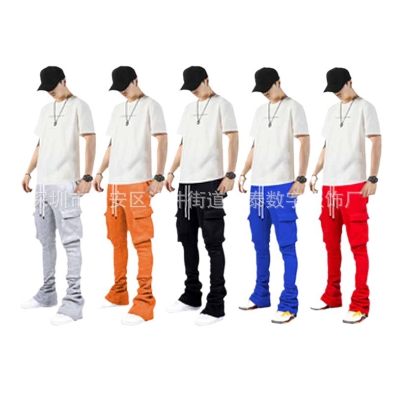european and american autumn and winter men's solid color casual with velvet pocket sweatpants american trendy street dance set hip hop pile pant