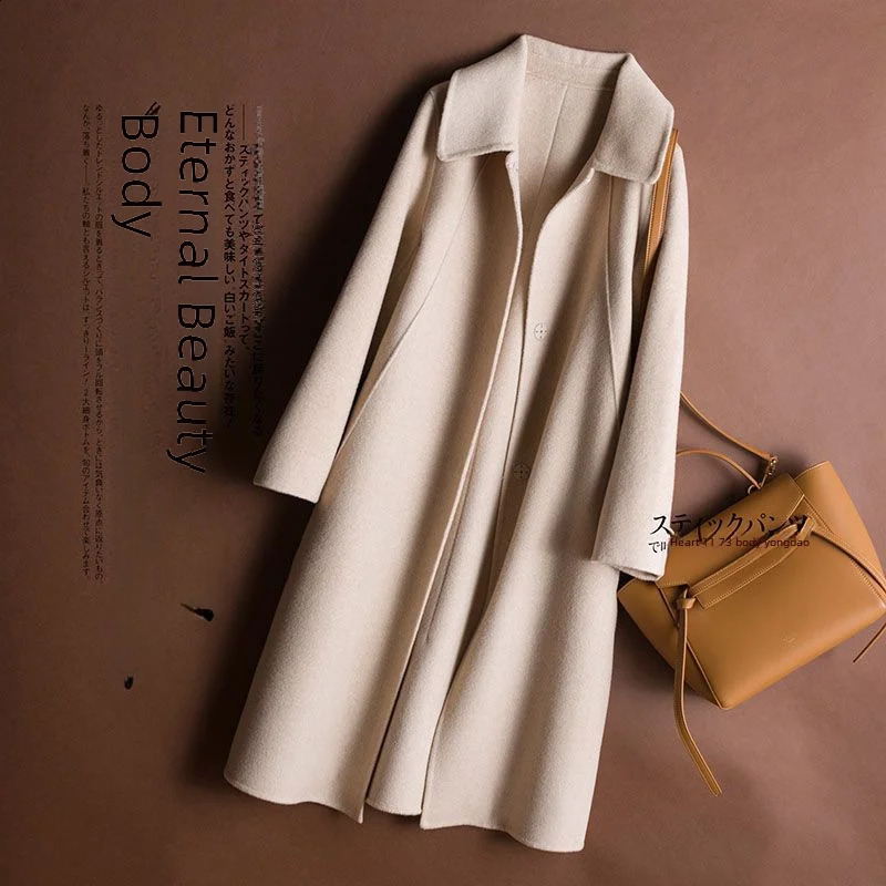Autumn/winter Woolen Jacket Womens Medium-length Loose-fit Lapel Overcoat Trendy Korean Style 240927