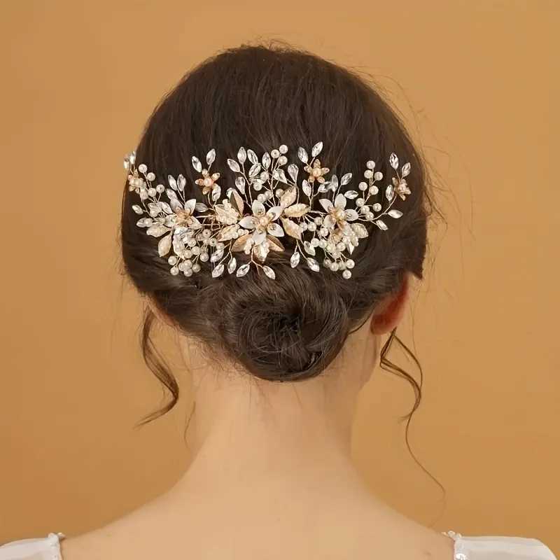 Silver flower hair comb clip girl handmade alloy pearl hair bride Tiaras wedding hair accessories crystal hair jewelry W241007