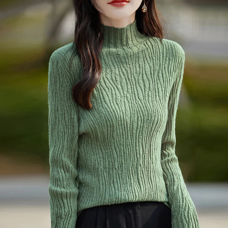 Turtleneck Sweater Womens Long Sleeve Knitted Fashion Agent Stripe Ultra Thin Autumn Winter Plain Collar Zipper 241007