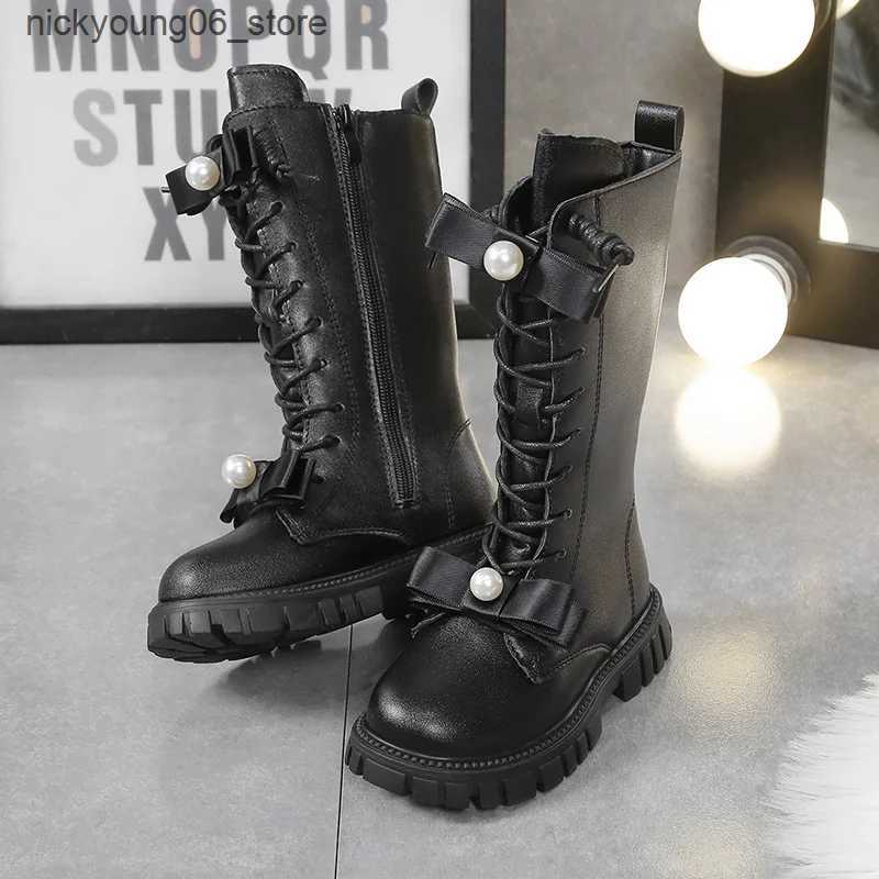 Boots Girls Boots Autumn Winter Warm Plush Princess Long Boots Fashion Pearl Bow Leather Boots Soft Bottom Anti Slip Kids Shoes Pink L240910