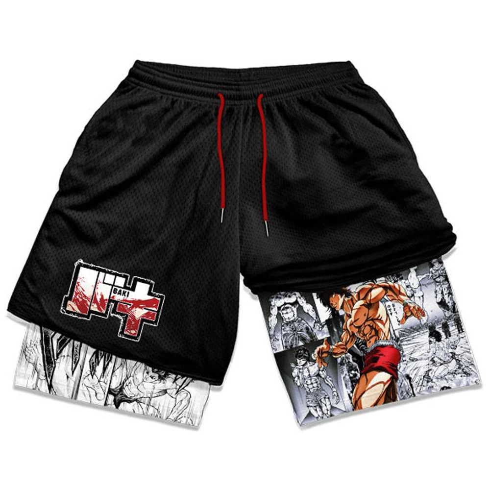 Baki Hanma Anime Gym Shorts Mens Manga 3D Printing 2-in-1 Performance Shorts for Exercise Fast Drying Exercise Compression Shorts SummerW240713