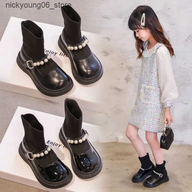 Boots Kids Patent Leather Boots Pearl Knitted Girls Shoes Fashion Soft Sole Princess Boots Black Breathable Children Socks Boots L240910