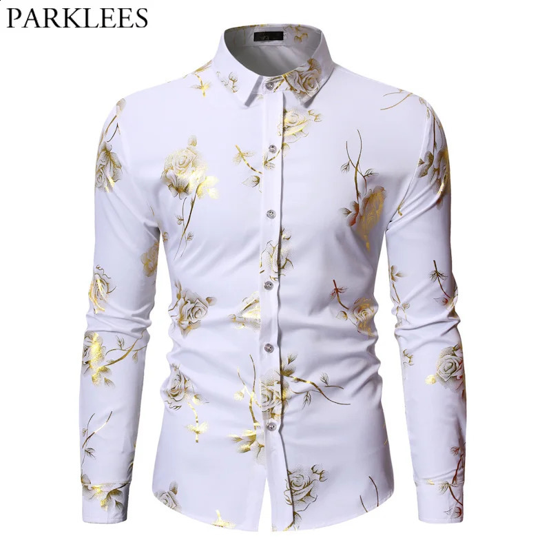 Mens Golden Rose Flower Printed Shirt Flower Steampunk Chemical White Long Sleeve Wedding Party Bronze Kamissa Masculina 241008