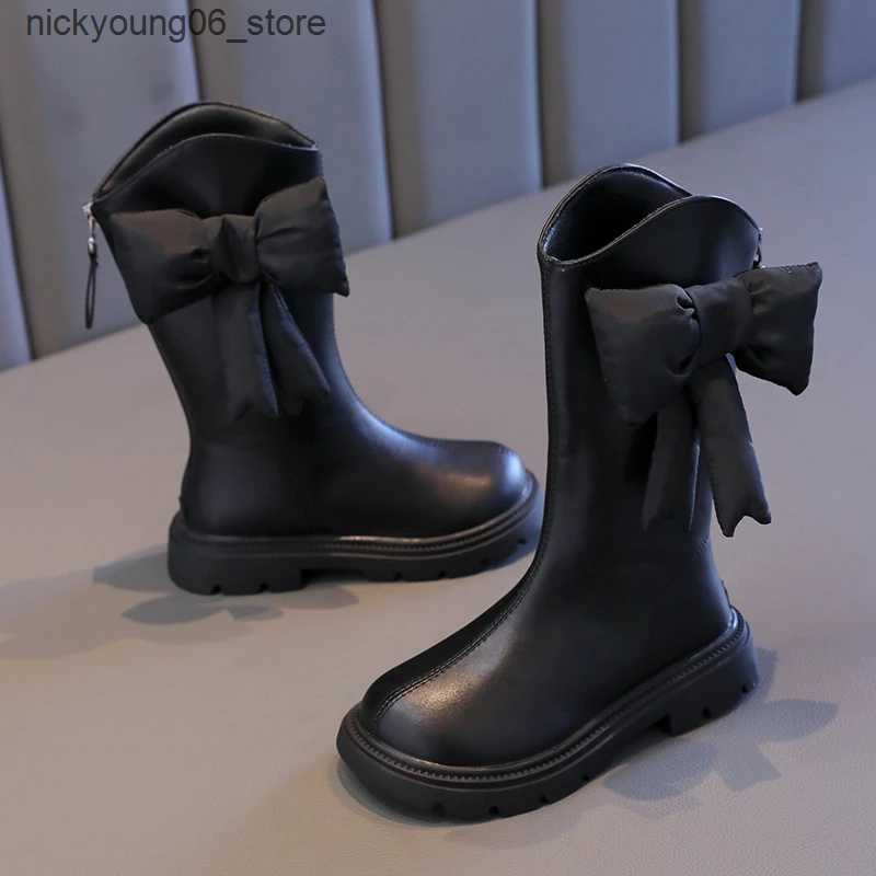 Boots New Winter Girls Princess Cotton Boots Elegant Bowknot Children Causal Boots Fashion Black Versatile Kids Simple Mid-calf Boots L240910