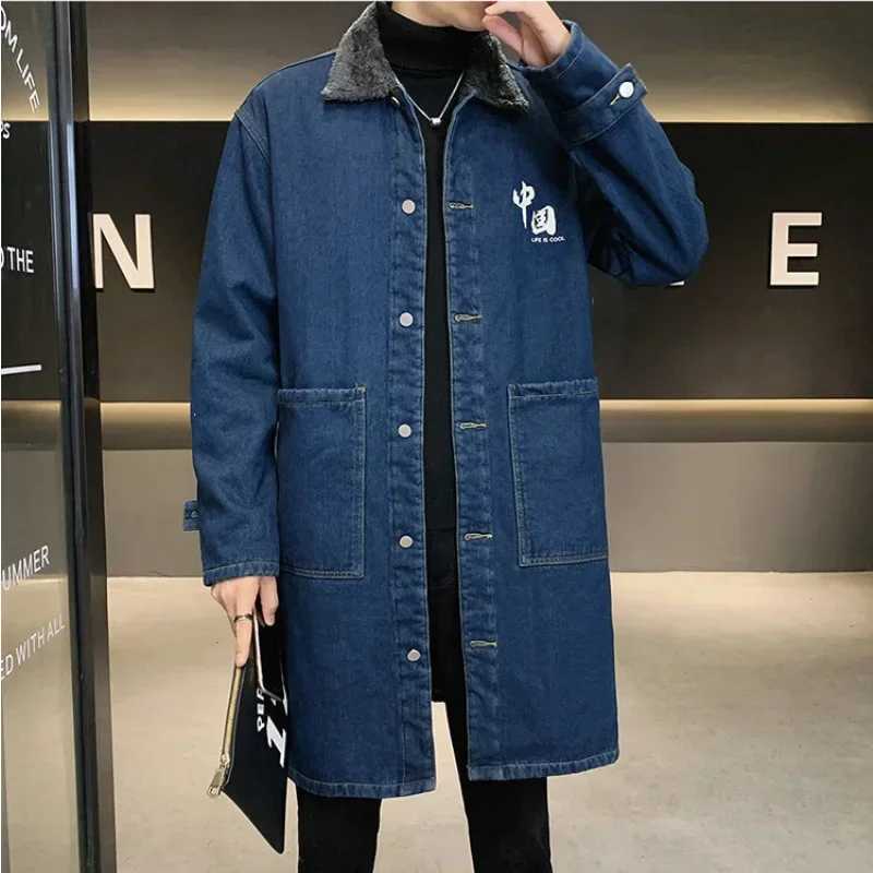 Mens denim trench coat large-sized cashmere and wool thick autumn and winter hot coat medium length ZL87 W241007