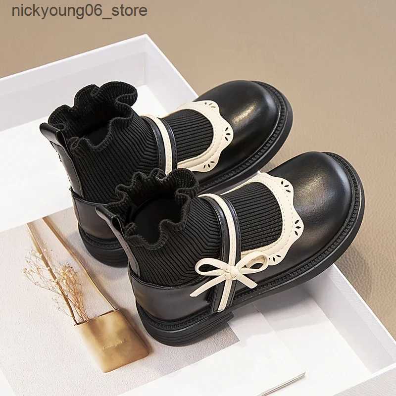 Boots Kids Sock Boots for Girls Hook Loop Color Matching Lace Fashion Children Leather Shoes Non-slip Sweet Princess Boots 2023 New L240910