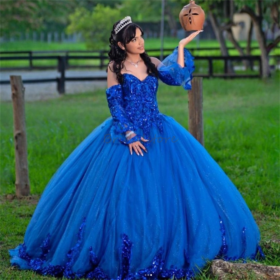 Sparkly Royal Blue Quinceanera Dresses 2025 Glitter Sequins Fifteen Birthday Party Dress Sweetheart Appliques Corset Vestidos De 15 Anos Quinceaneras 