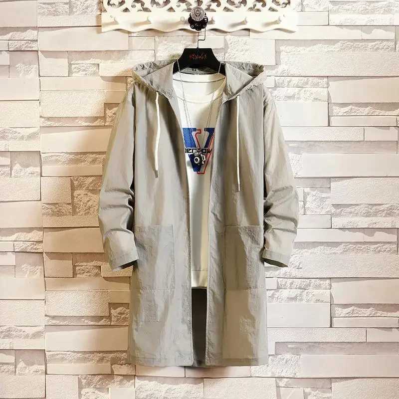 Mens Spring/Summer Hoodie with Medium length Trench Coat Loose Fit Trendy Versatile Sunscreen Jacket W241007