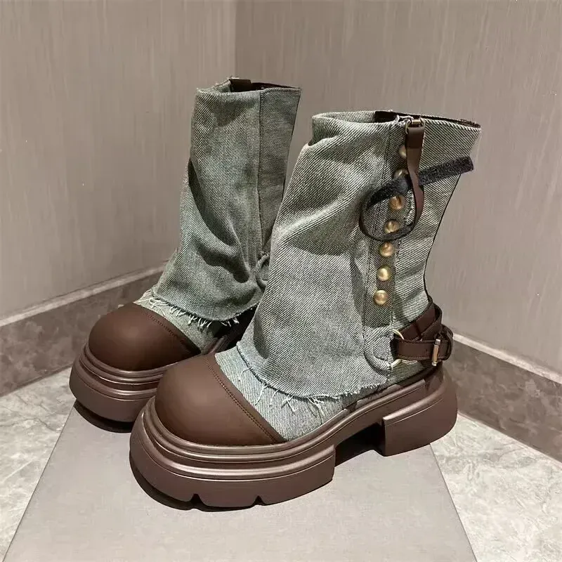 Designer Women Ankle Boots Fashion Slip On Thick Bottom Platform Shoes Ladies Elegant Morder Short Booties 2024