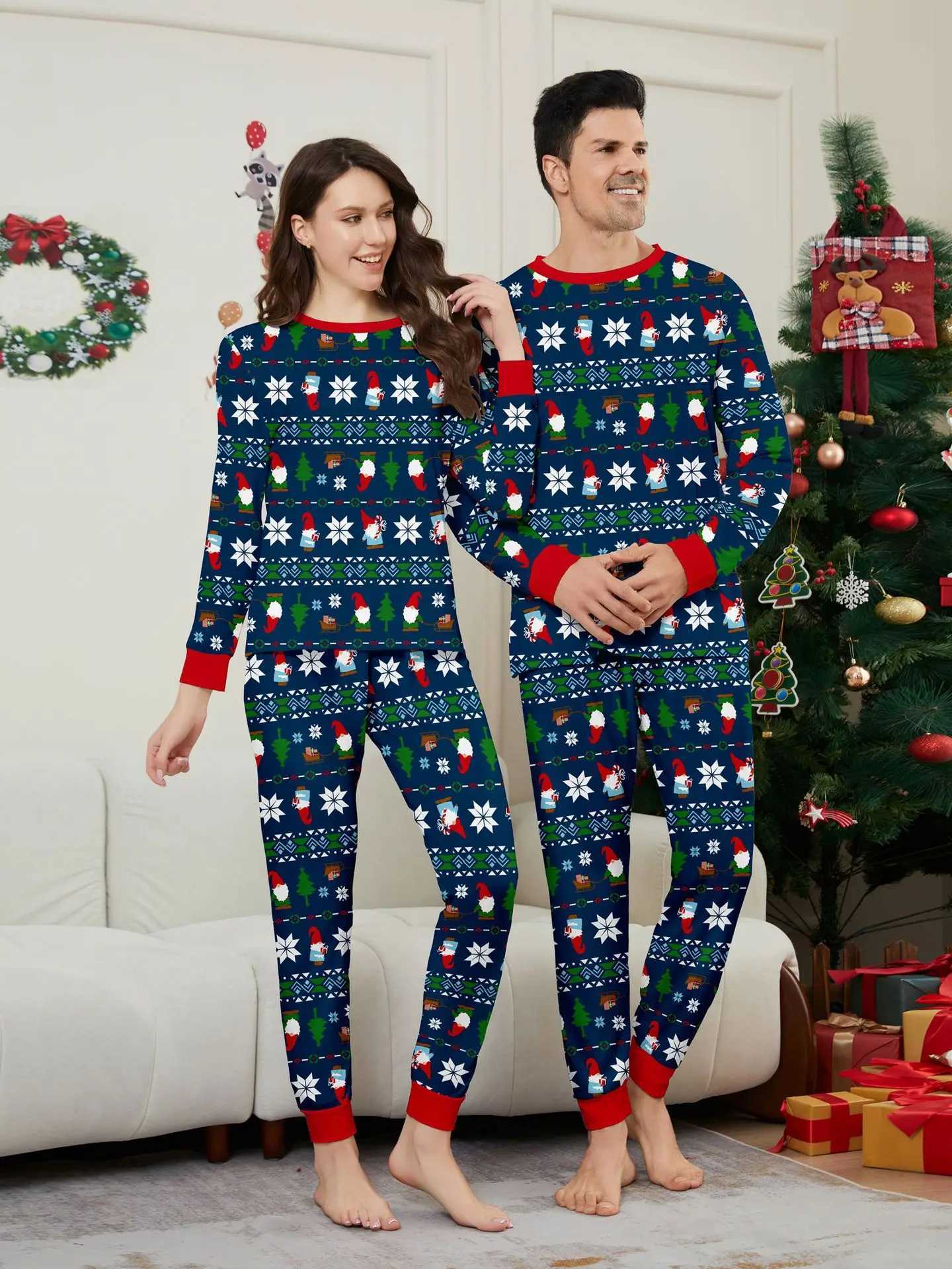 2025 New Years clothing cartoon full print Christmas family pajamas casual loose 2-piece set parent-child matching set W241008