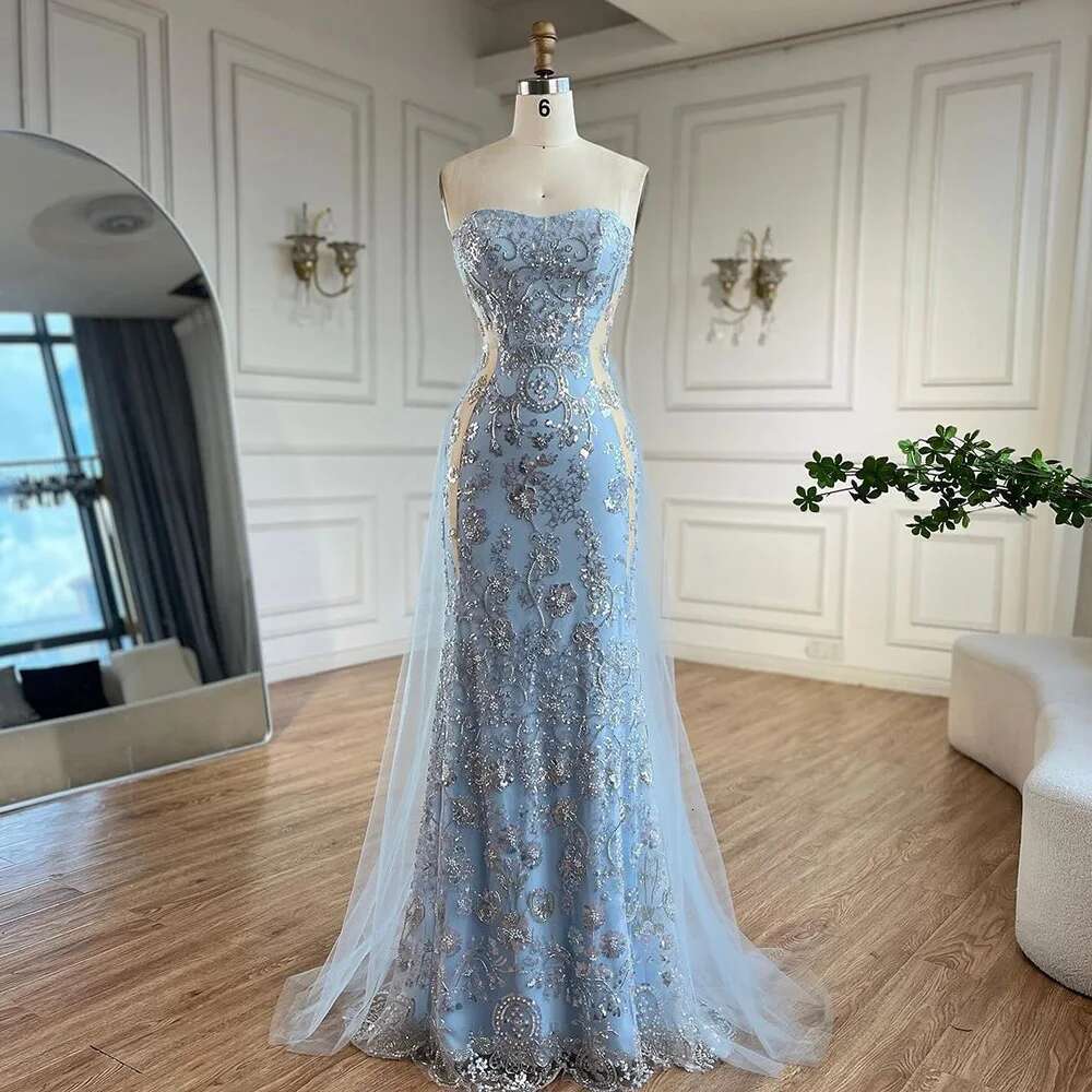 Wasisi 2024 Arabic Blue Strapless Mermaid Evening Gown with Tulle Overskirt Beaded Dress for Women's Party ELA72639