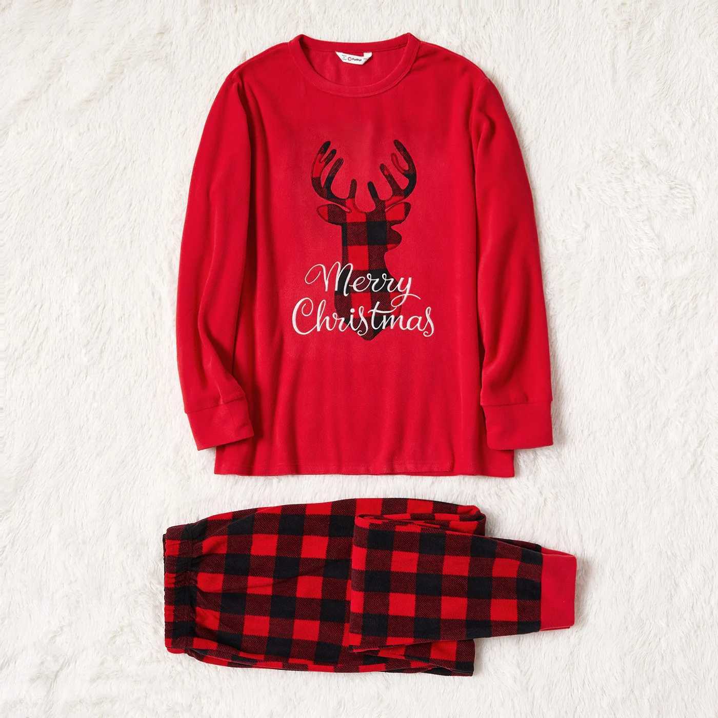 Christmas Deer and Letter Embroidered Red Family Match Sleeping Polar Wool Pajama Set (Fireproof) W241008
