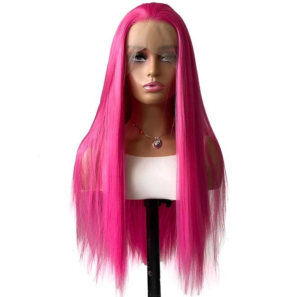 Rose Pink Straight Synthetic Lace Wig Glueless Wigs For Women Natural Hairline Daily Wear Long Pink Wig Cosplay Part Front HairXJ241008