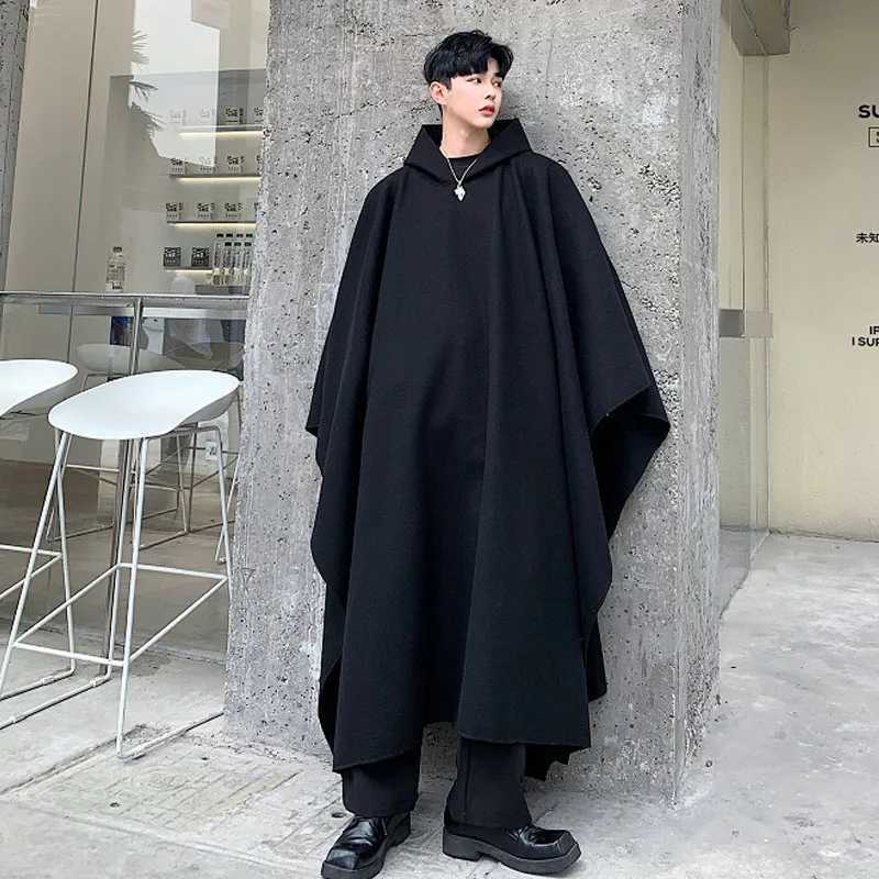 Arens Mens Japanese Street Style Hoodie Cloak Trench Coat Mens Gothic Punk Fashion Show Pulling Long Jacket Coat W241007